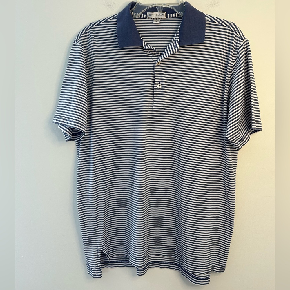 Peter Millar Stripe Golf Polo Medium Blue White